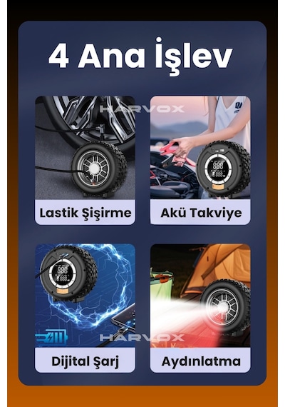 Harvox 10.000mah Akü Takviyeli Hava Kompresörü Şarjlı Powerbankli Göstergeli Araç Lastik Şişirme 150 Psı