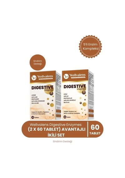 Wellvalens Digestive Enzymes İkili Paket 60 Tablet 5 Li Enzim Kompleksi, Sindirim Desteği