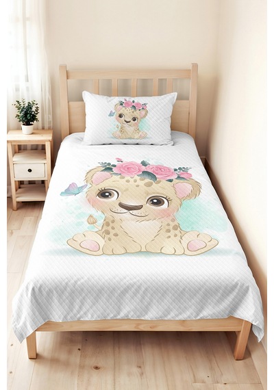 Evimde Bambaşka Pembe Aslan Yavrusu Kız Çocuk Pike Takımı-pastel Çiçekli Mint Bebek Odası Yatak Örtüsü-160x220  CM