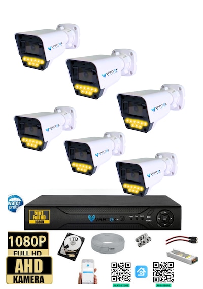6 Kameralı AHD Full HD 9 LED 5MP Kamera Seti - 1TB HDD Dahil Gece (Renkli) Görüş