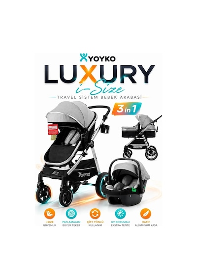 Yoyko Luxury İ-size Travel Sistem Bebek Arabası 3 İn 1 Gri Silver