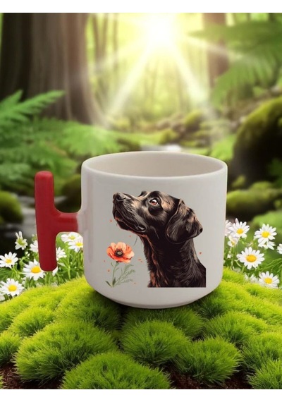 Çiçek Ve Köpek Baskılı 3'lü Kırmızı Kulplu Seramik Kupa Bardak Beyaz