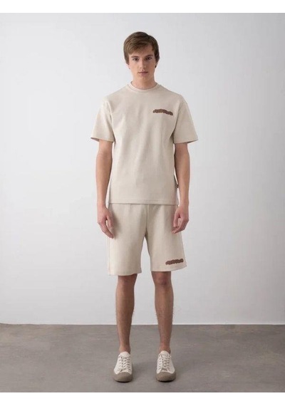 Erkek Çocuk Sırt Baskılı Pamuklu Oversize T-shirt Şort Takım-15798 Bej