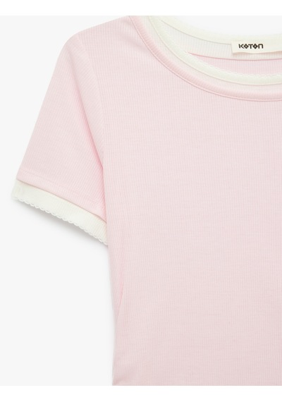 Koton Slim Fit Bisiklet Yaka Kısa Kollu Katmanlı Dantel Detaylı Tişört Pembe 6sak50468ek Gül