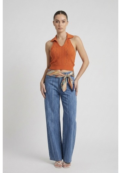 Neden Tekstil Kadın Polo Yaka Sırt Dekolteli Crop Bluz - Turuncu