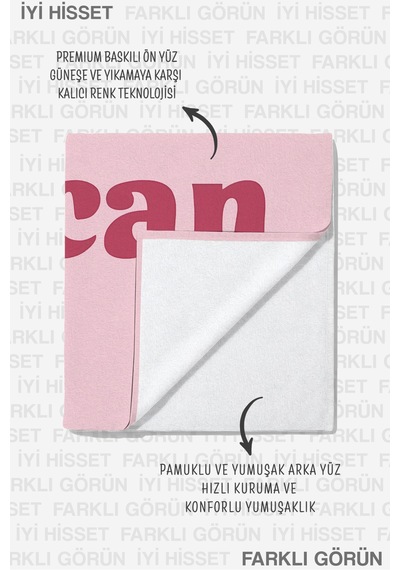 Motivasyon Yazılı Yes You Can Pembe Plaj Havlusu - Minimalist Tipografik Banyo Sahil Örtüsü Mat Kabuğu