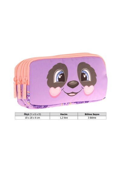 Kaukko Kids Üç Bölmeli Mor Somon, Panda Desenli, Kız Çocuk Okul Kalemliği - L8233 Mor - Somon