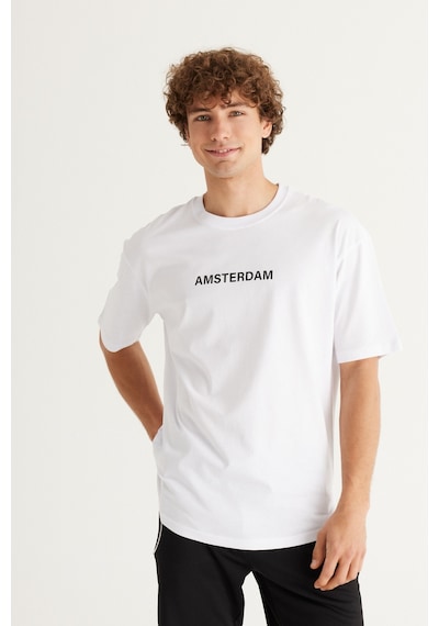 Ac&Co / Altınyıldız Classics Erkek Beyaz Long Fit Bisiklet Yaka Baskılı Kısa Kollu Tişört Beyaz