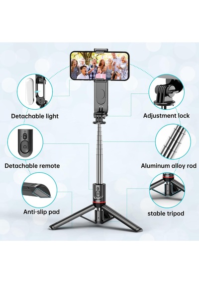 Çıkarılabilir Dolgu Işıklı Sabit Selfie Çubuğu Tripod, İphone, Samsung, Huawei, Sony Ve Diğer Akıllı Telefonlar İçin Kablosuz Uzaktan Kumandalı 360 Dönebilen Genişletilebilir Cep Telefonu Tripodu