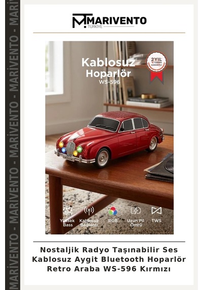 Nostaljik Radyo Taşınabilir Ses Kablosuz Aygit Bluetooth Hoparlör Retro Araba Ws-596 Kırmızı