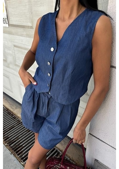 Moderie Butik Gümüş Düğmeli Yelek Ve Şort Tensel Takım 10174 Koyumavi