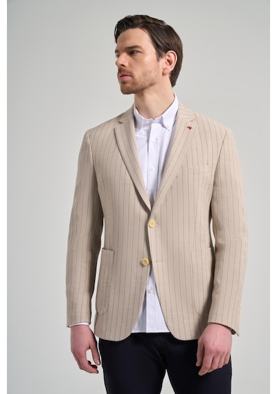 İmza Çizgili Desen Gofreli Mono Yaka Esnek 6 Drop Slim Fit Ceket 1002250122 Koyu Bej