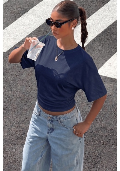 Genius Store Kadın Bele Oturan Geniş Kollu Bluz Yarasa Kol Siyah Bluz Yarasa-bluz Lacivert