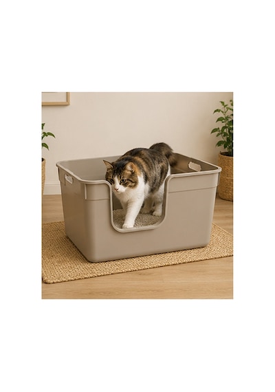 Pribor Yüksek Kenarlı Yarı Açık Kedi Tuvaleti, Geniş Ve Kolay Temizlenebilir 54 X 40 X 32 Cm Bej