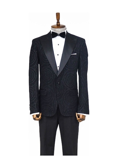 Wessi Hipnoz Desen Sivri Yaka Slim Fit Siyah Erkek Smokin Ceket Siyah