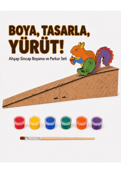 Çocuk Ahşap Hareketli Sincap Boyama Seti 6 Renk Boya, Fırça Ve Kolay Montaj Parkuru