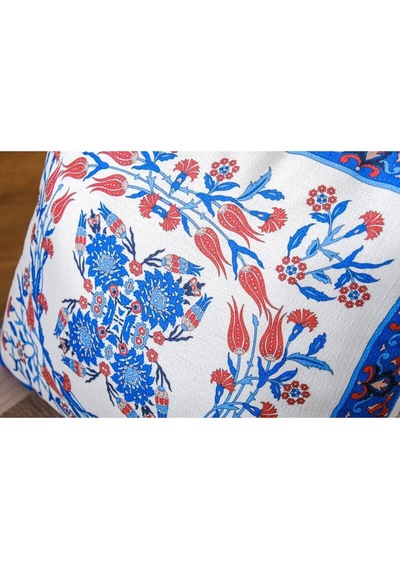 Çini Baskılı Kumaş Kreme Mavi Kırlent Kılıfı 45x45 Cm Ikili - 1436 45 x 45