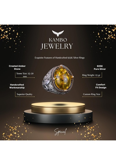 925 Ayar Gümüş Yüzükler Premium Üretilmiş Taşlarla Bal Amberi Gümüş