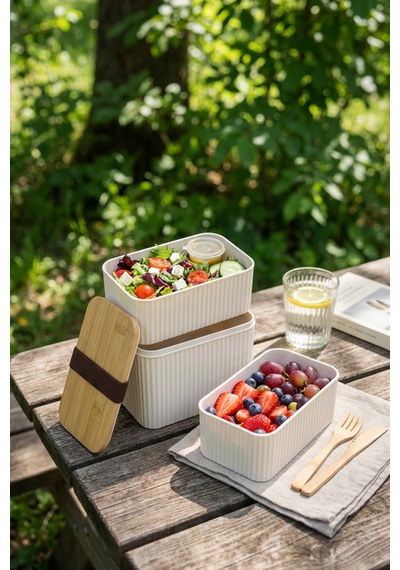 Makri Home Bambu Kapaklı 2 Katlı Saklama Kabı Seti - 2x1 Litre Krem