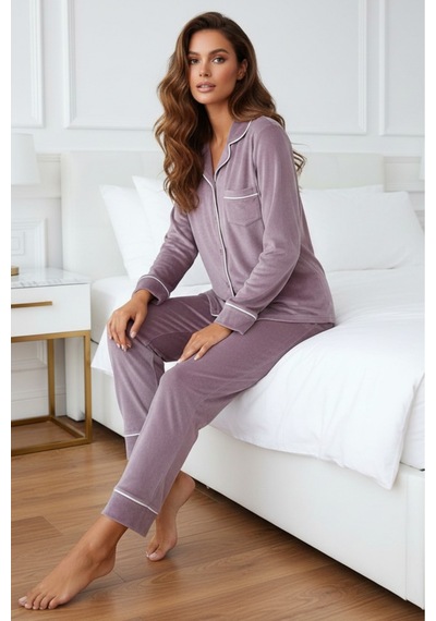 Kadın Kadife Boydan Düğmeli Şerit Detaylı 2'li Pijama Takım LİLA