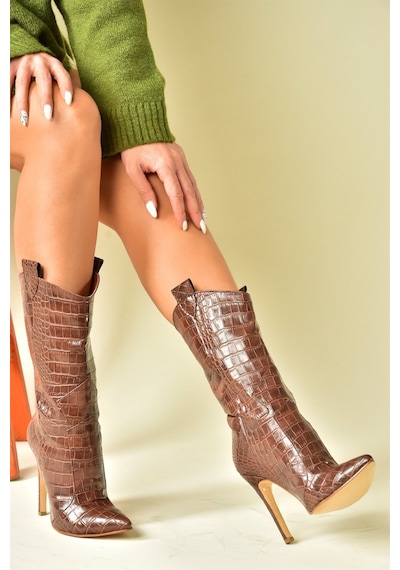 Fox Shoes Taba Kroko Baskı Yüksek İnce Topuklu Kadın Bot N372677511 Taba-Kroko Baskı