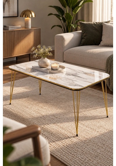 Sulorahome Gold Metal Ayaklı Orta Sehpa Altın - Mermer
