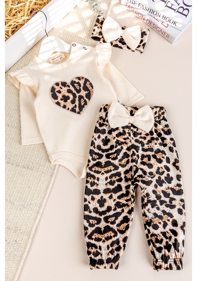 Babymod Leopar Desenli 3'lü Pamuklu Kız Bebek Takım Set Bej