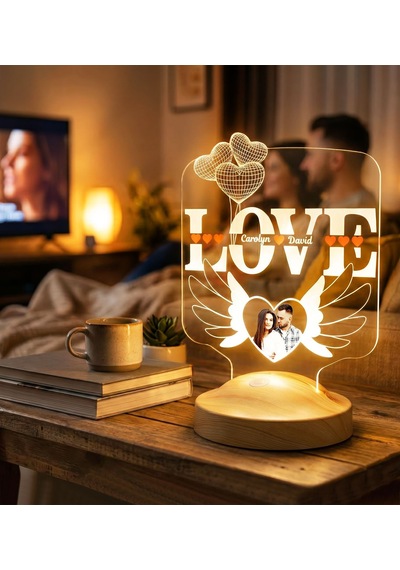 Love Yazılı Lamba, Sevgililer Günü Hediyesi Kanatlı Kalp Fotoğraflı Kişiye Özel Led Lamba, Sevgiliye - Eşe Romantik Hediye