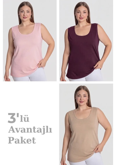 Hadpols Premium Kadın Pamuklu Büyük Beden Kalın Askılı Atlet 3'lü Paket Sade Yazlık Nefes Alan Pembe Mürdüm Bej
