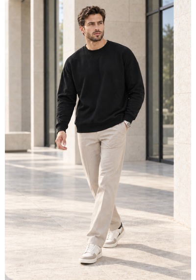 Polo State Erkek Bisiklet Yaka Oversize Dikiş Detaylı Basic Sweatshirt - Siyah