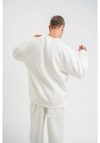 Erkek Uzun Kol Bisiklet Yaka 3 İplik Pamuklu Kışlık Sweatshirt - Beyaz Beyaz
