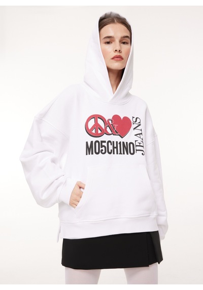 Moschino Jeans Kapüşon Yaka Baskılı Beyaz Kadın Sweatshırt A1710