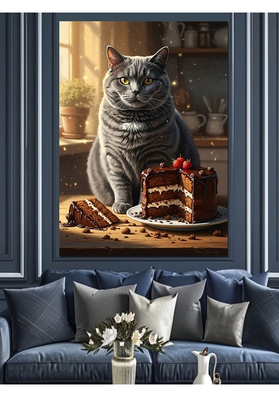 Ahşap Tablo Pasta Yiyen Gri Kedi