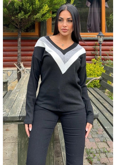 WeShaya Kadın Siyah Uzun Kollu V Yaka Color Block Pamuklu Bluz Sweatshirt Siyah