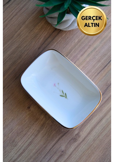 Tabak Evi Porselen Natura Çuha Altın Yaldızlı Dikdörtgen Kayık Tabak 14x9,8cm Tekli Çok Renkli