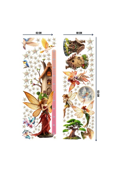 Peri Temalı Boy Ölçerli Duvar Sticker Seti - Çocuk Odası Duvar Dekoru, Mat Pvc, Sökülebilir, Boy Ölçer