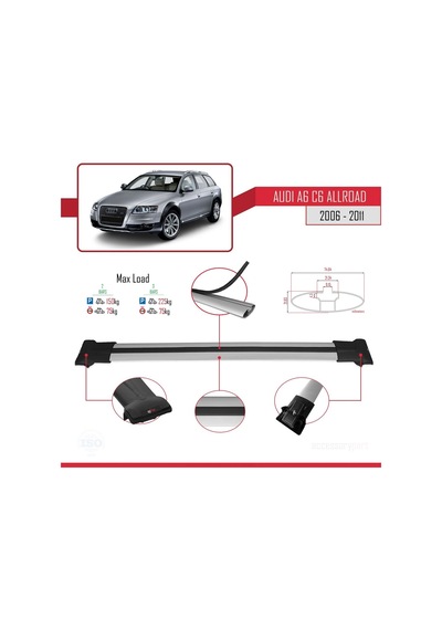 Audi A6 C6 Allroad 2006-2011 Arası İle Uyumlu Fly Model Ara Atkı Tavan Barı Gri