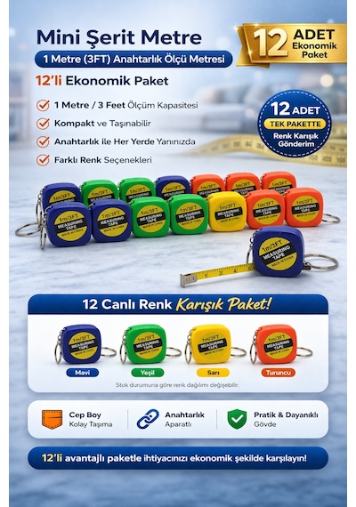 Mini Şerit Metre 1 Metre 3ft Anahtarlık Ölçü Metresi Taşınabilir Cep Metre 12 Adet