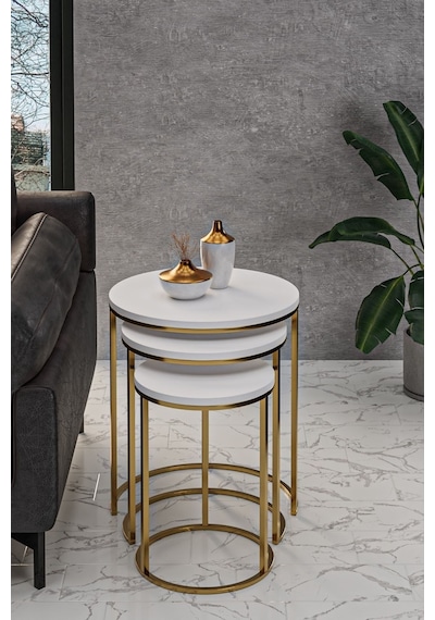 Usta Mekan 3'lü Parlak Gold Ayak Beyaz Tabla Zigon Servis Salon Sehpa Gold - Beyaz