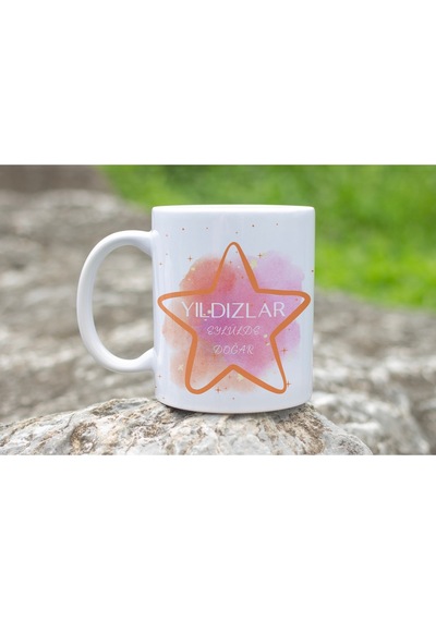 Yıldızlar Eylülde Doğar Yazılı Doğum Günü Kupa Bardak Pembe Ve Turuncu Yıldız Tasarımlı Hediye Beyaz