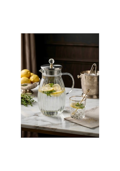 Büyük Boy Borosilikat Tasarım Cam Sürahi,1800 Ml,metal Süzgeç Kapaklı,su,limonata,detoks,çay Sürahisi-taşlı Model