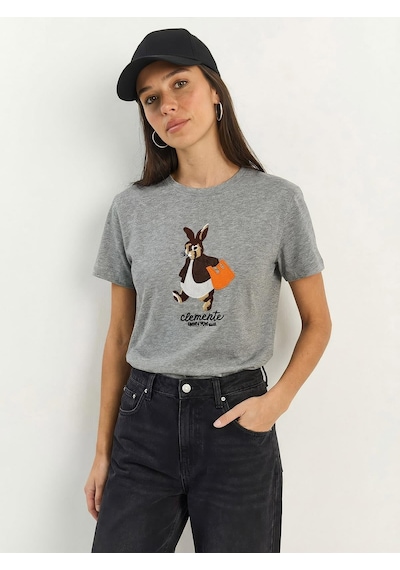Shade Kadın Rabbit Nakışlı İşlemeli Bisiklet Yaka Basic T-shirt 7532 60283953 - Gri
