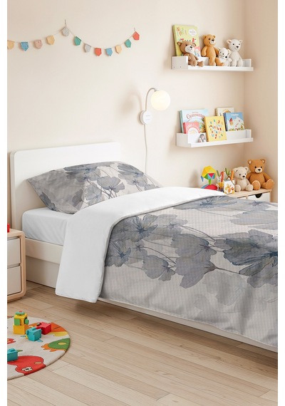 Mavi Çiçekli Modern Pike Takımı - Beyaz Gri Floral Tek Kişilik Kapitone Yatak Örtüsü 160x220 Cm Mercansı Güneş Derinliği