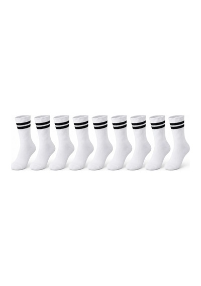Womanandkids Wak Unisex Beyaz Çorap Siyah Çizgili 9'lu Set Uzun Soket Günlük Spor Kolej Stil Kadın Erkek Çorabı