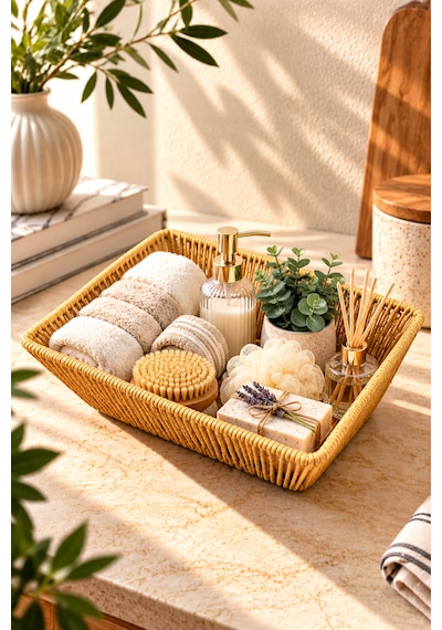 Rattan Plastik Çini Desen Ekmeklik Sepet Düzenleyici Organizer 25 12cm Sarı