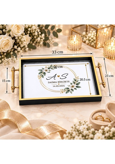 Bk Gift Kişiye Özel Siyah&gold Söz Nişan Tepsisi-7 - 39x23 Cm Çok Renkli