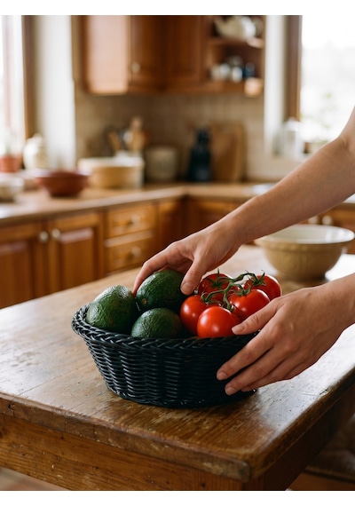 Siyah Hasır Detaylı Yuvarlak Ekmek, Sebzelik Sepeti 24x7,5 Cm