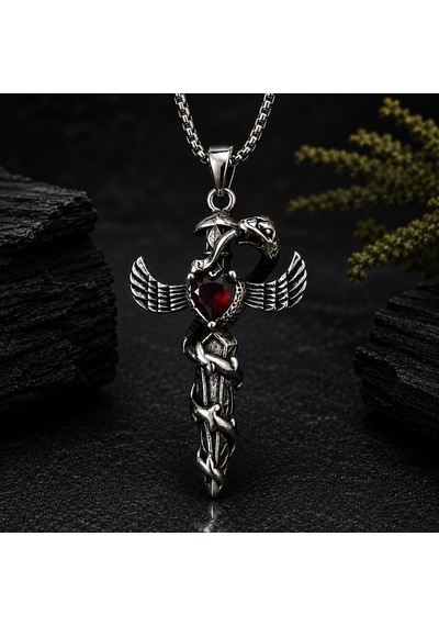 Paslanmaz Çelik Kırmızı Zirkon Taşlı Yılan Kanat Detaylı Gotik Kadın Kolye