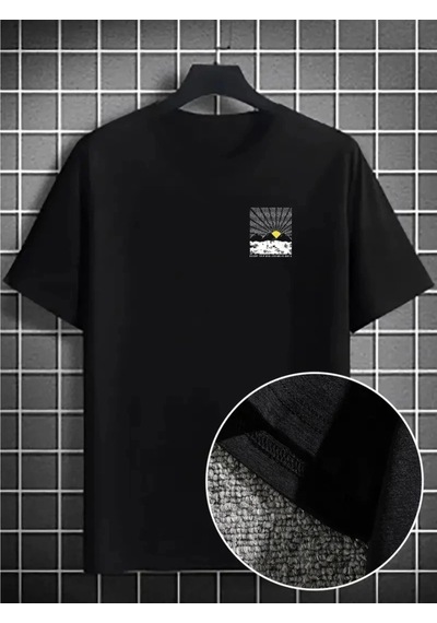 Zenna Tarz Erkek Dağ Grafikli Tişört, Yaz Için Büyük Beden Rahat T-shirt - Siyah