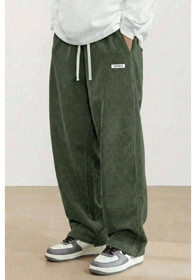 Genius Store Genıus Erkek Pantolon Fitilli Kadife Bol Paça Oversize Pantolon Haki